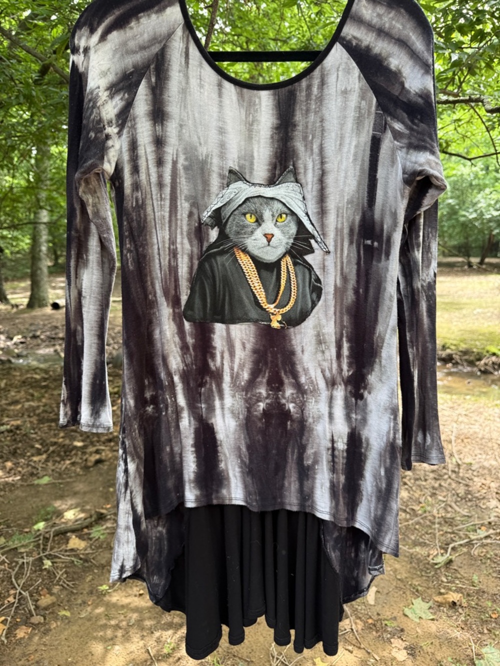 Upcycled Tie-Dye Long Sleeve Tunic with Cat Graphic